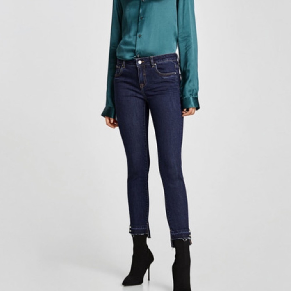 Zara Denim Metal Embroidery Faux Pearls Jeans